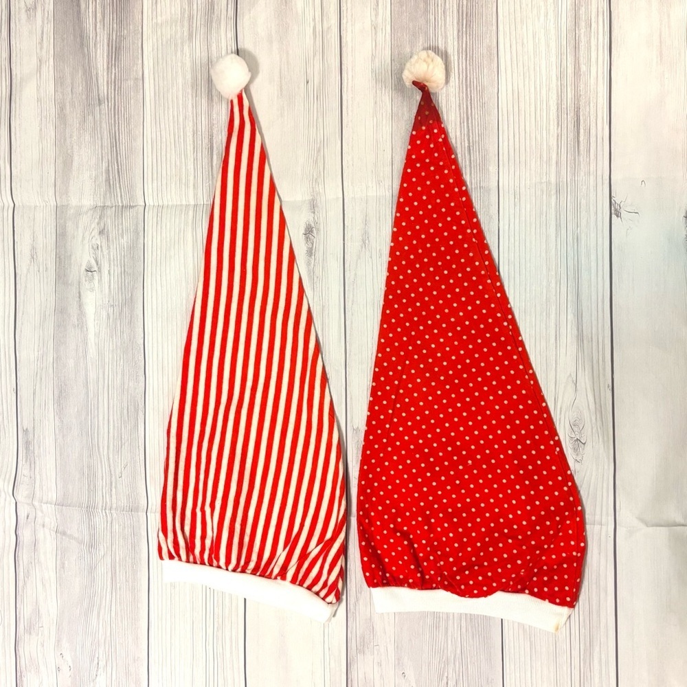 Lot of 2 Vintage Stocking Caps Hats Sleep Red and White Striped Polkadot - Picture 2 of 7